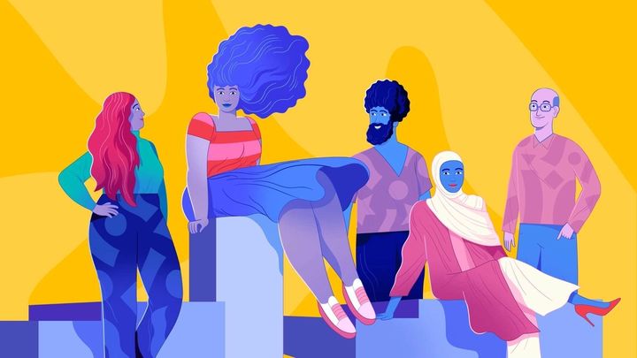Illustration of people having a discussion sitting on some blocks