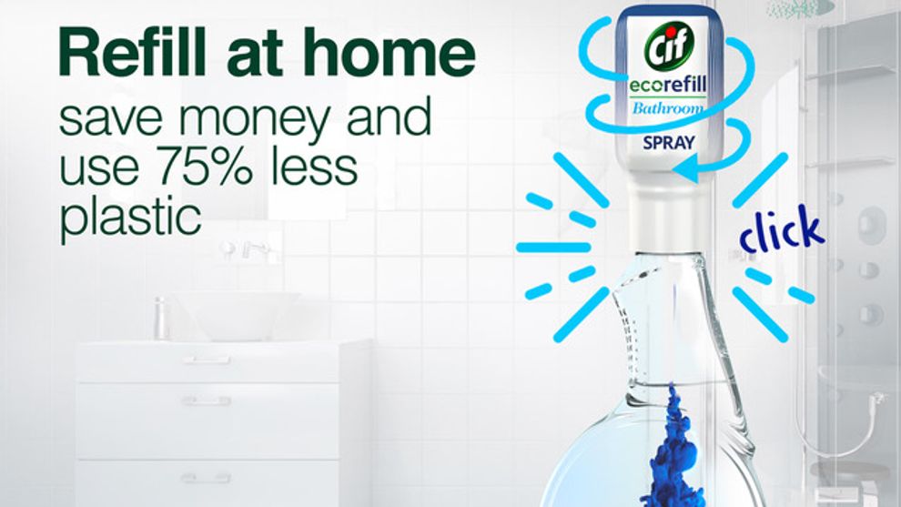 Cif ecorefill being added to reusable spray bottle