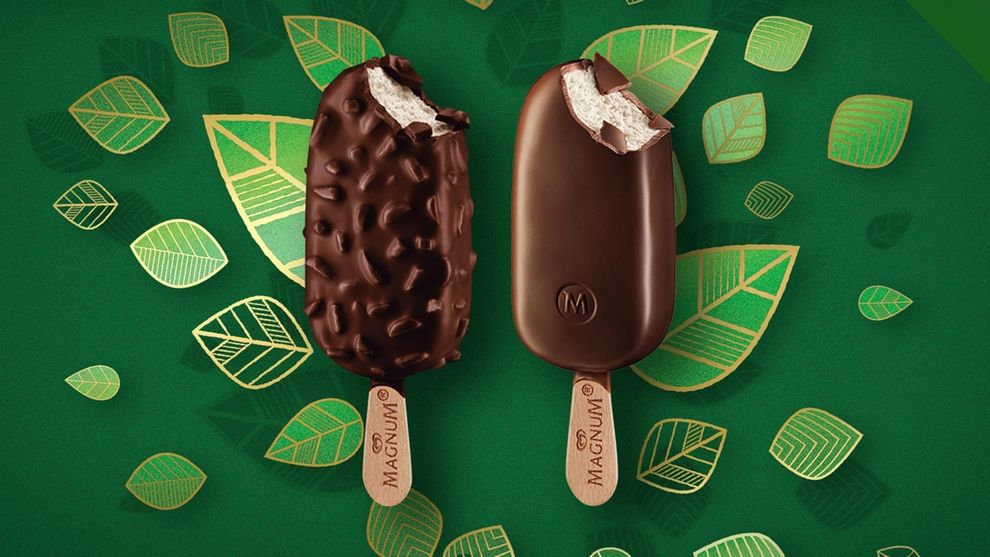 Two Vegan Magnums on a green leafy background