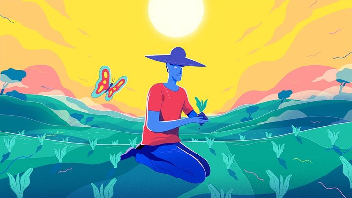 Illustrated farmer kneeling down
