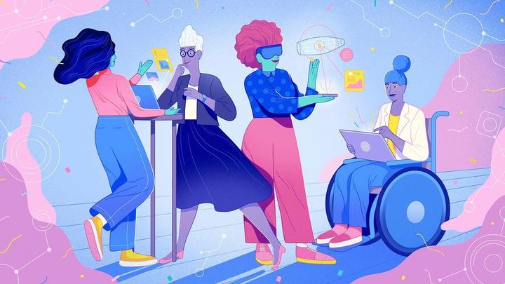 A graphic of women working in science