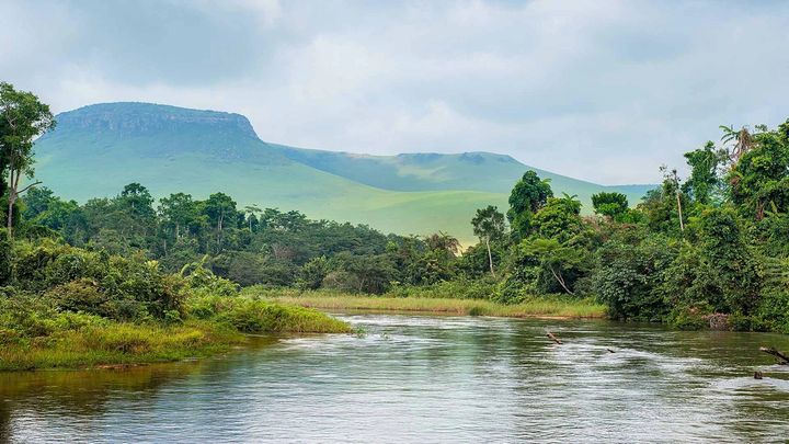 Congo river with mountains in the background and trees on the banks