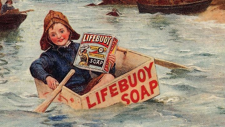 Painting of a boy in a lifebuoy soap box holding a lifebuoy product
