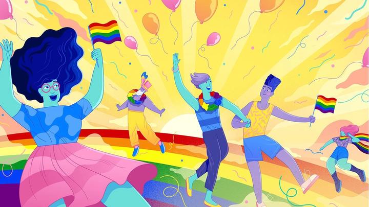 Blue ladies walking hand in hand. Proudly supporting LGBTQI+ rights around the world.