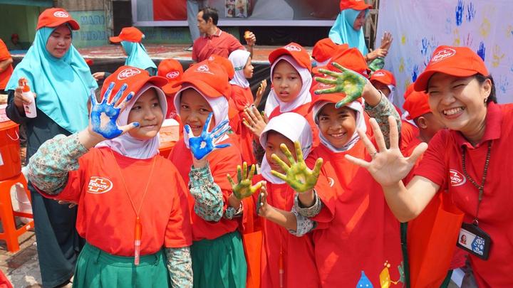 Schoolchildren learning to wash their hands properly as part of a Lifebuoy handwashing behaviour change programme.