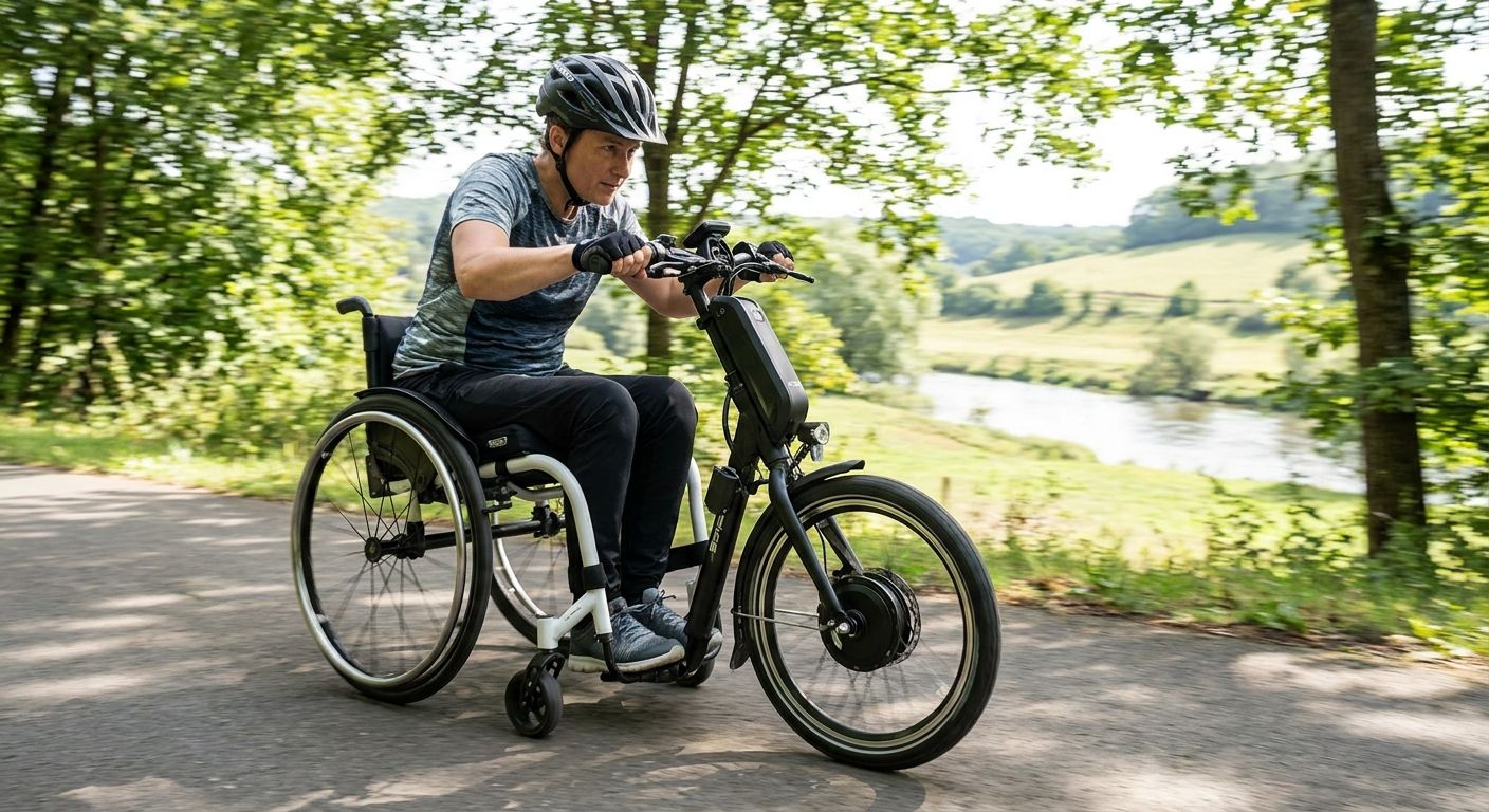 Rollstuhl mit elektrischem Zuggerät auf einem Radweg