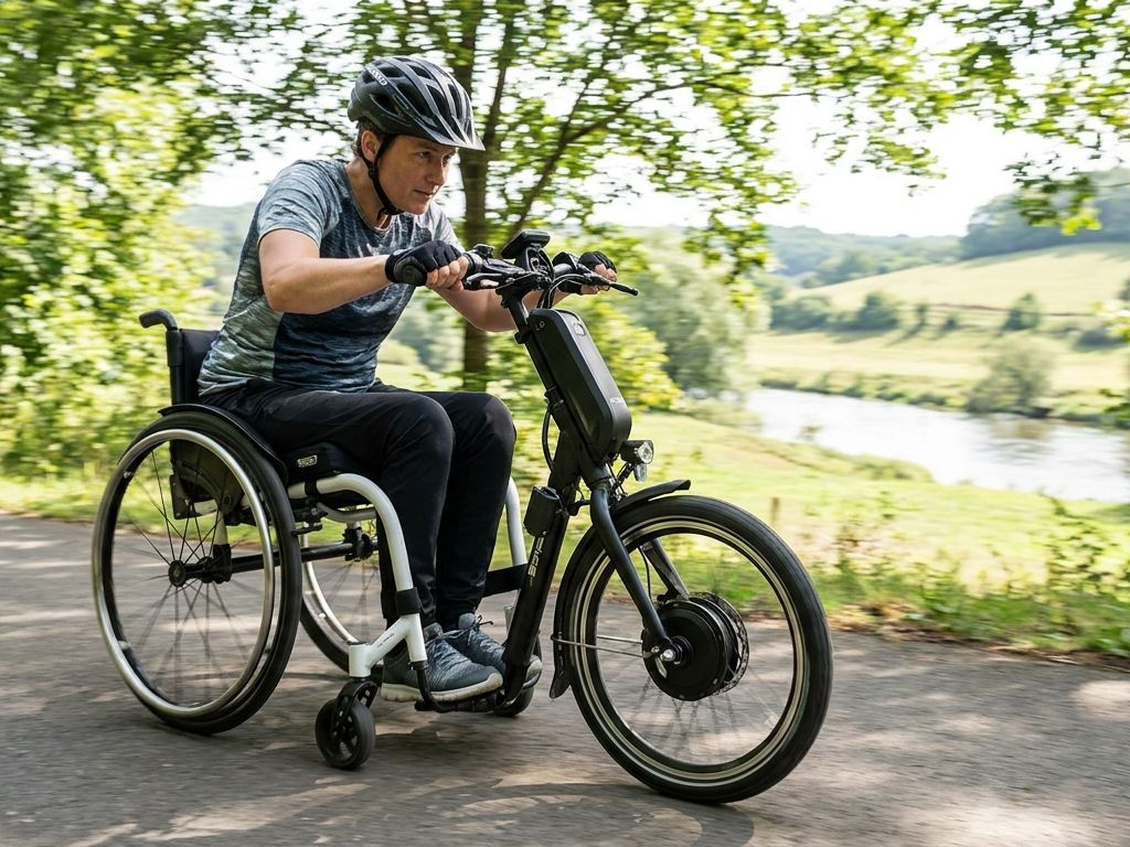 Rollstuhl mit elektrischem Zuggerät auf einem Radweg