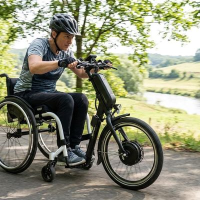 Rollstuhl mit elektrischem Zuggerät auf einem Radweg