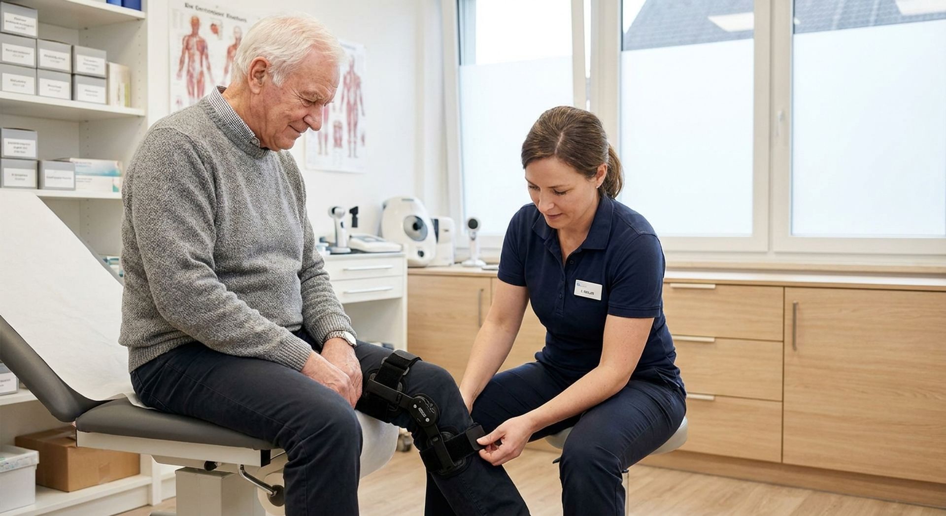 Techniker passt Knieorthese an