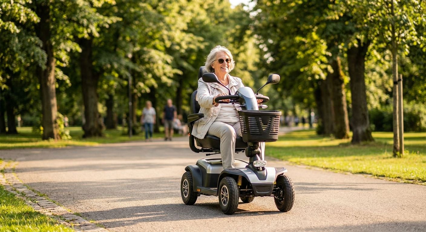 Senior fährt mit einem Elektromobil durch einen Park