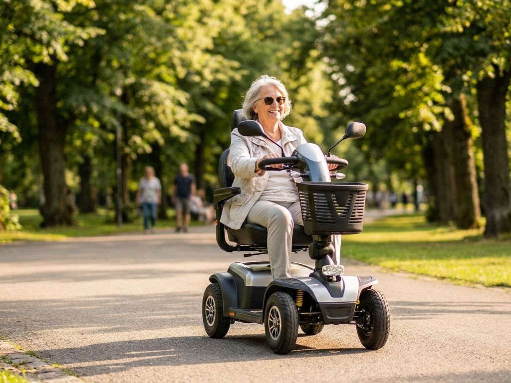 Senior fährt mit einem Elektromobil durch einen Park