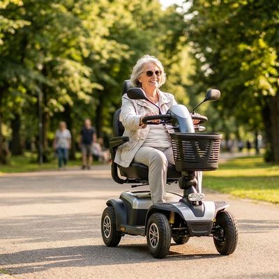 Senior fährt mit einem Elektromobil durch einen Park