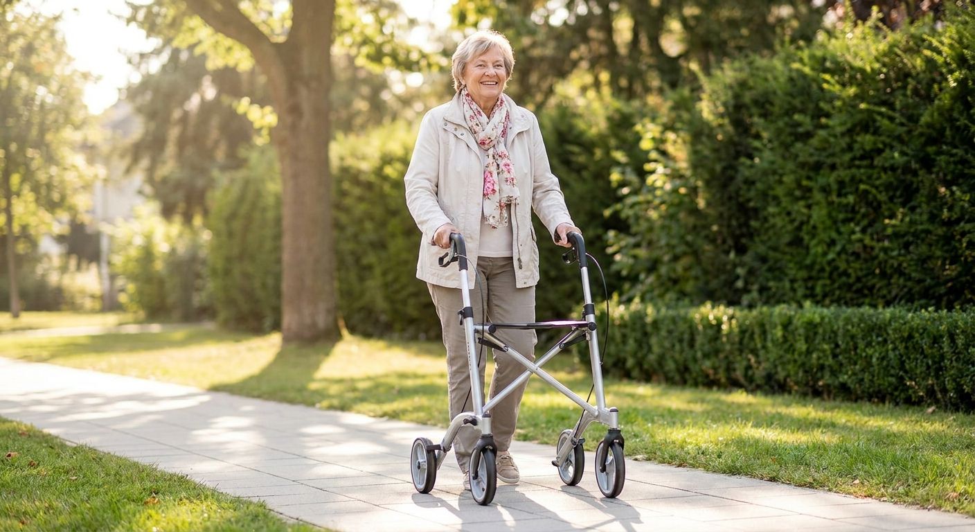 Seniorin geht mit einem modernen Rollator spazieren