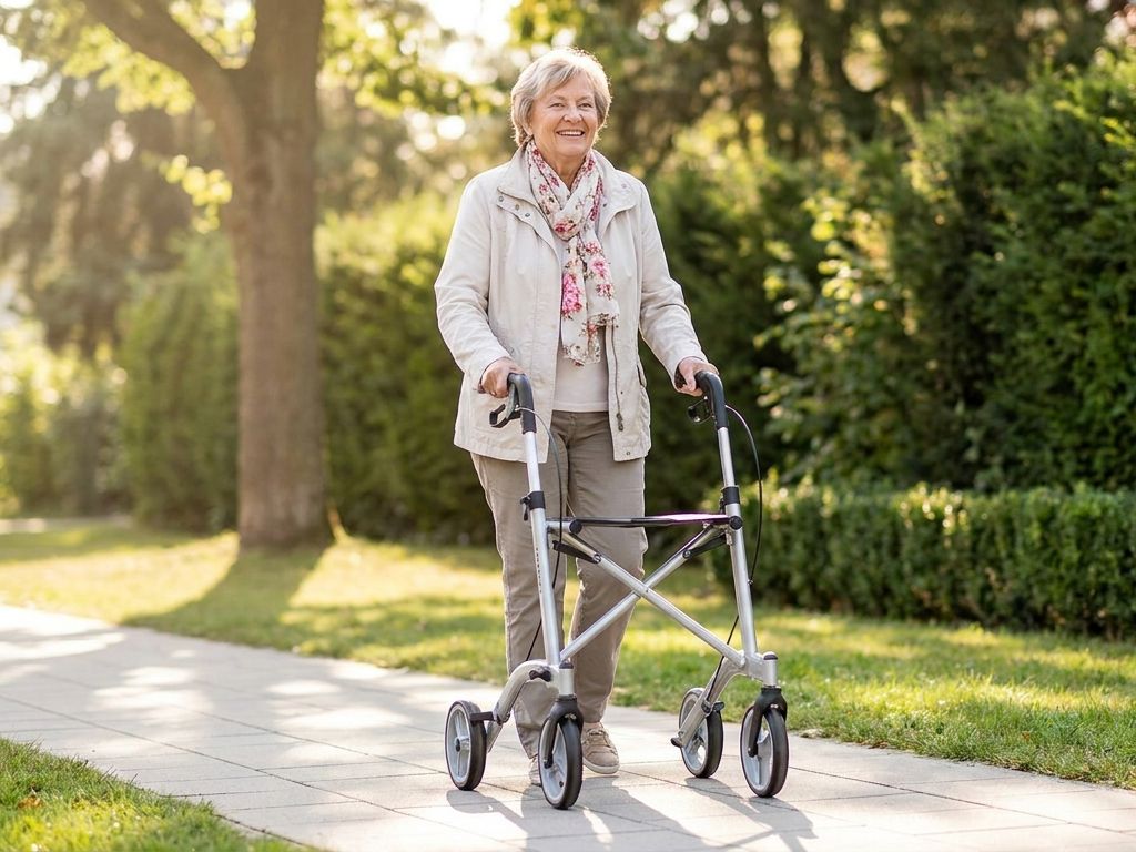 Seniorin geht mit einem modernen Rollator spazieren