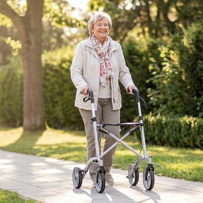 Seniorin geht mit einem modernen Rollator spazieren
