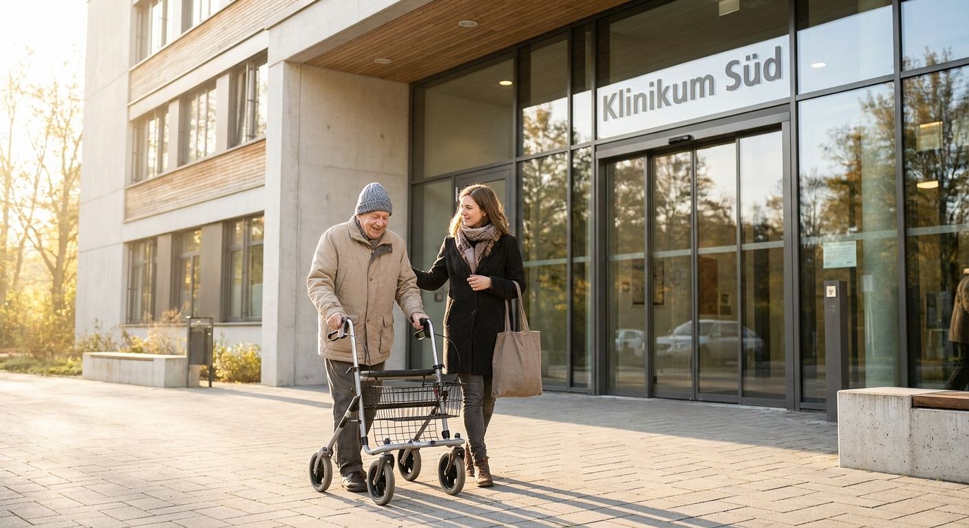 Patient verlässt das Krankenhaus mit Gehhilfe