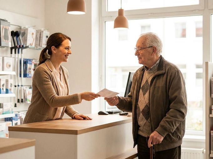 Kunde reicht Rezept am Tresen des Sanitätshauses
