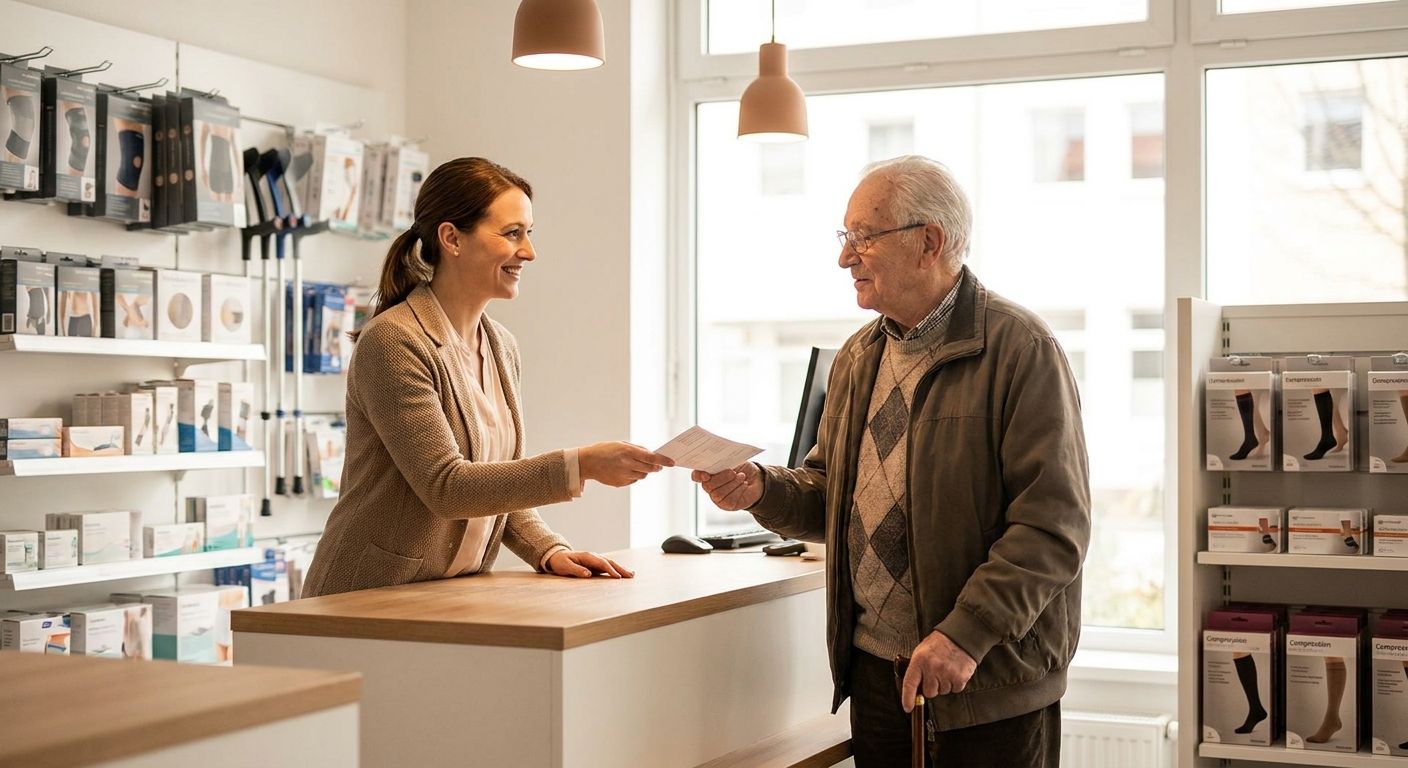Kunde reicht Rezept am Tresen des Sanitätshauses