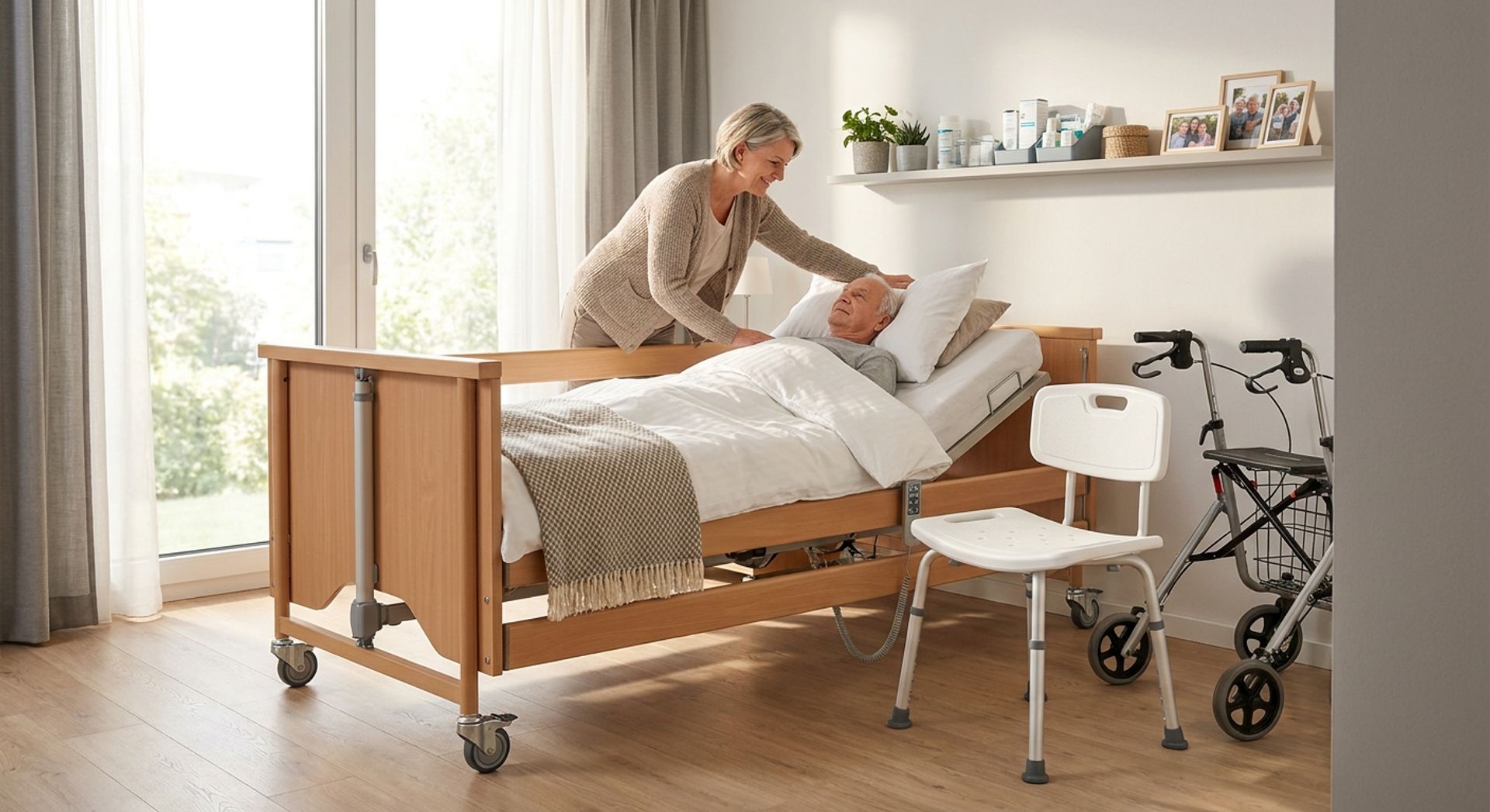 Pflegezimmer mit Pflegebett und Duschstuhl
