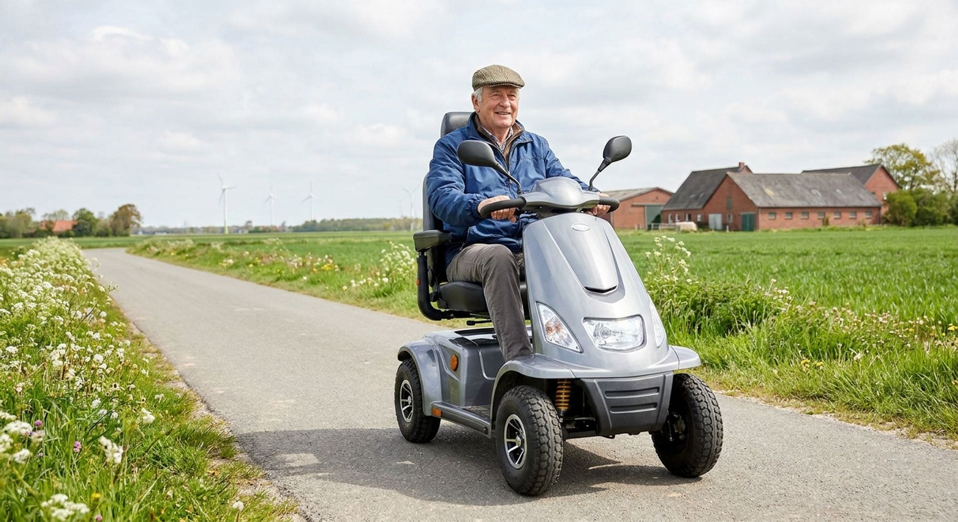 Senior fährt Elektromobil über einen Landweg