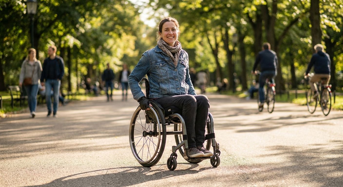 Aktive Person im Leichtgewicht-Rollstuhl im Park