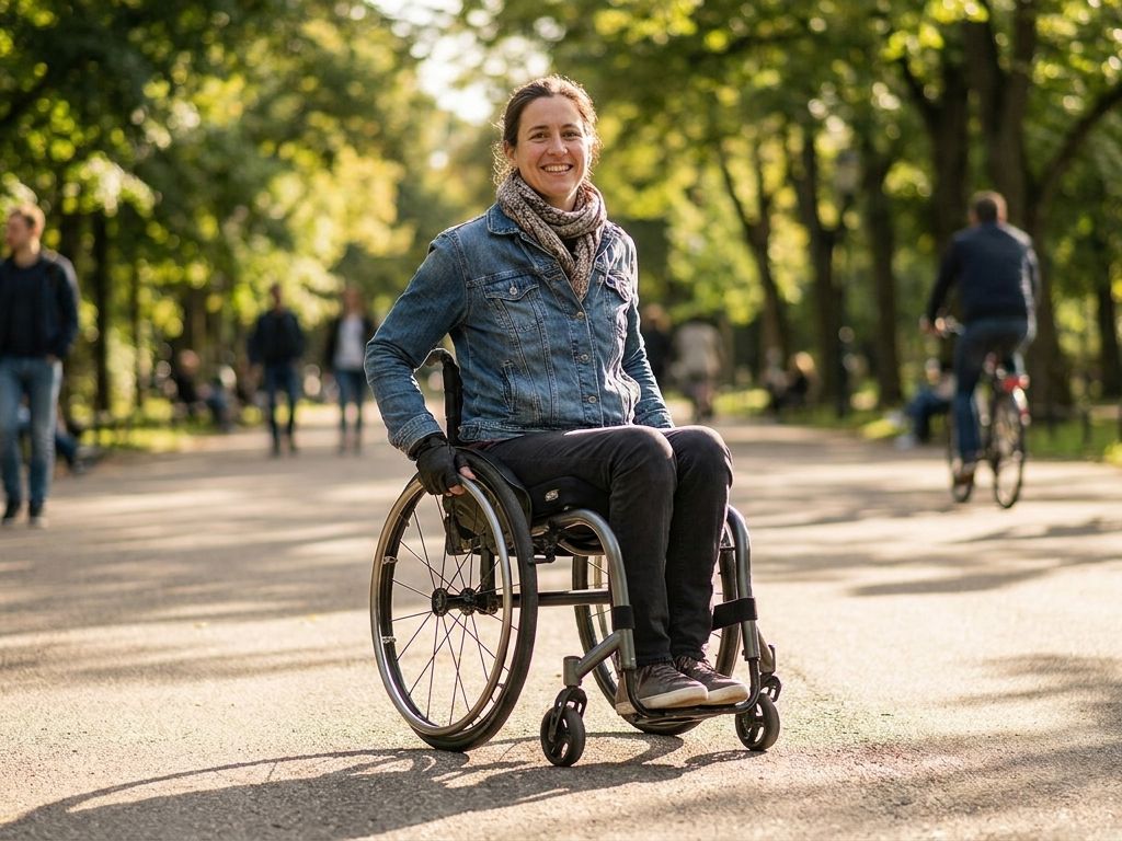 Aktive Person im Leichtgewicht-Rollstuhl im Park