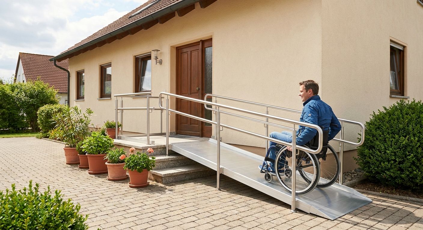Rollstuhlfahrer nutzt eine Aluminium-Rampe am Hauseingang