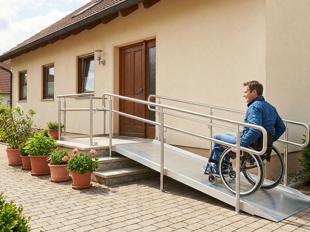 Rollstuhlfahrer nutzt eine Aluminium-Rampe am Hauseingang