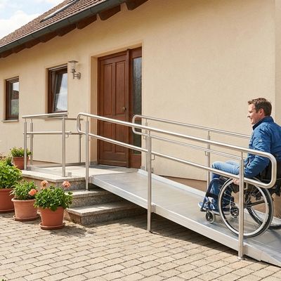 Rollstuhlfahrer nutzt eine Aluminium-Rampe am Hauseingang