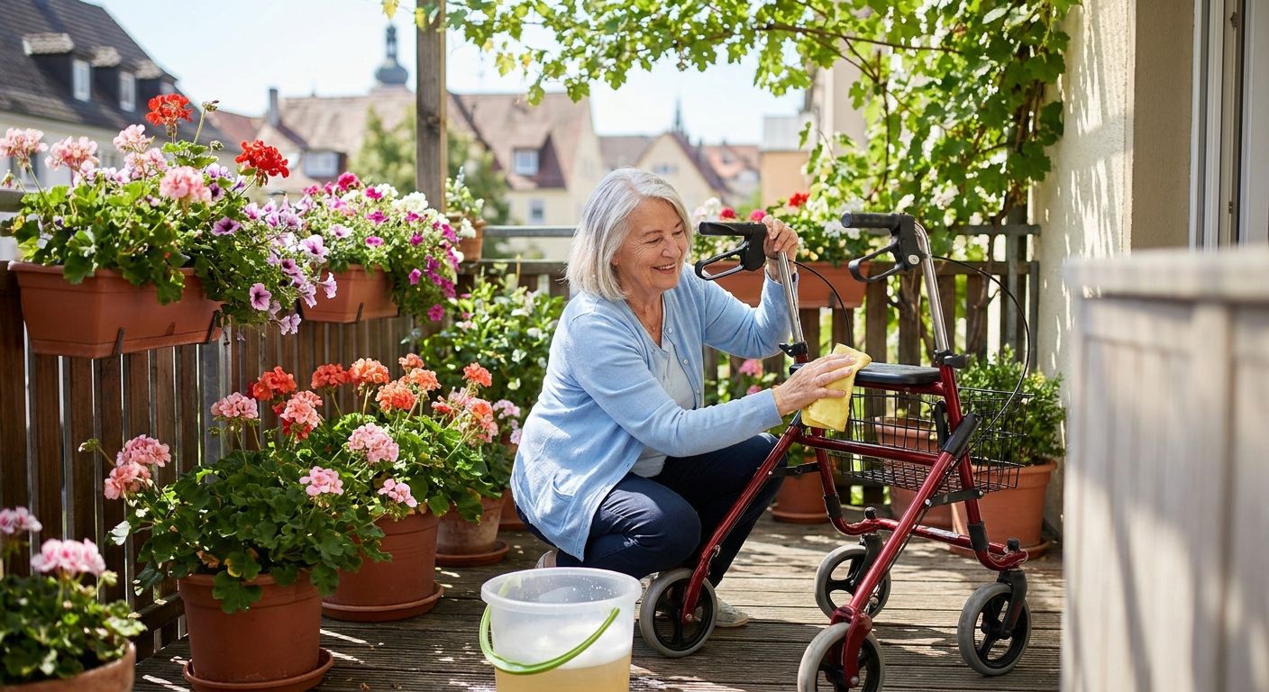 Senior reinigt seinen Rollator auf dem Balkon