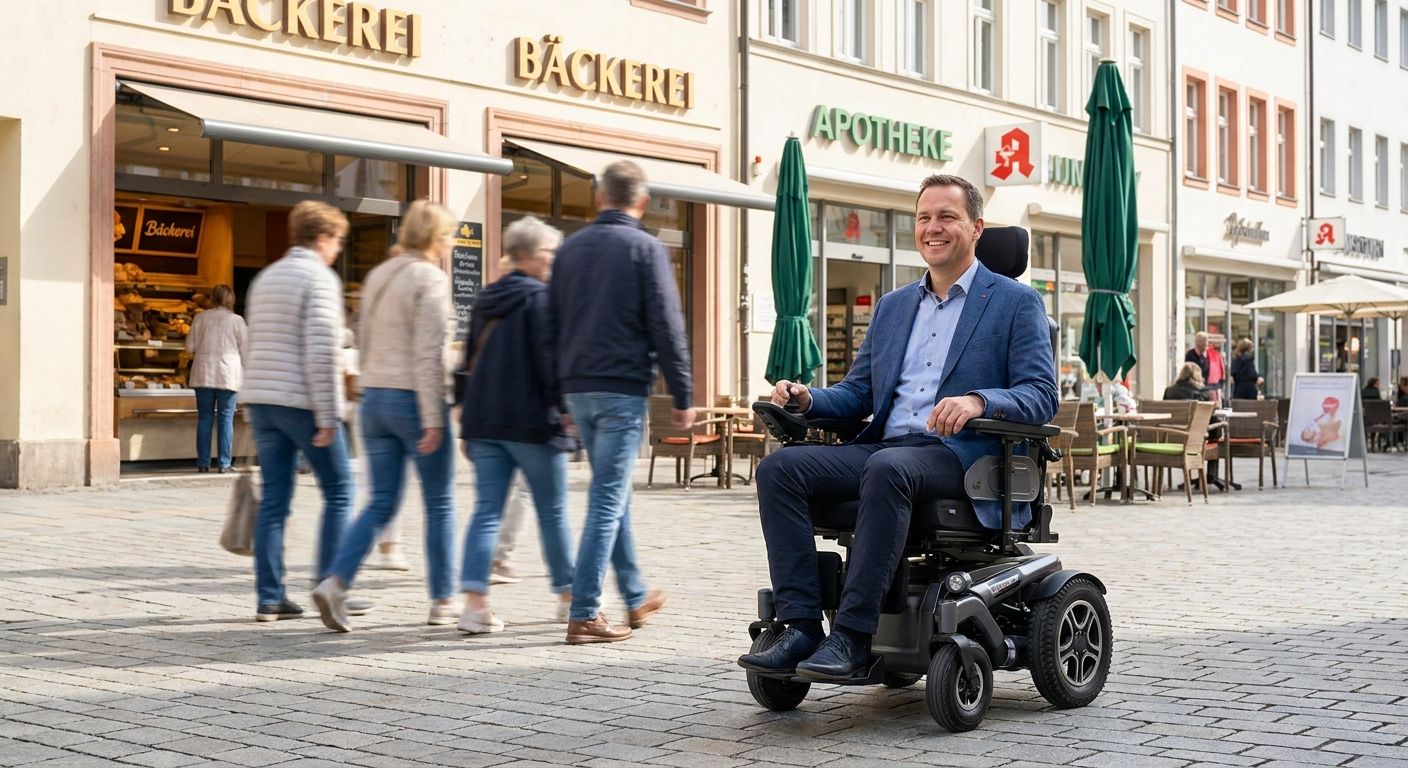 Person fährt mit einem Elektrorollstuhl durch die Fußgängerzone