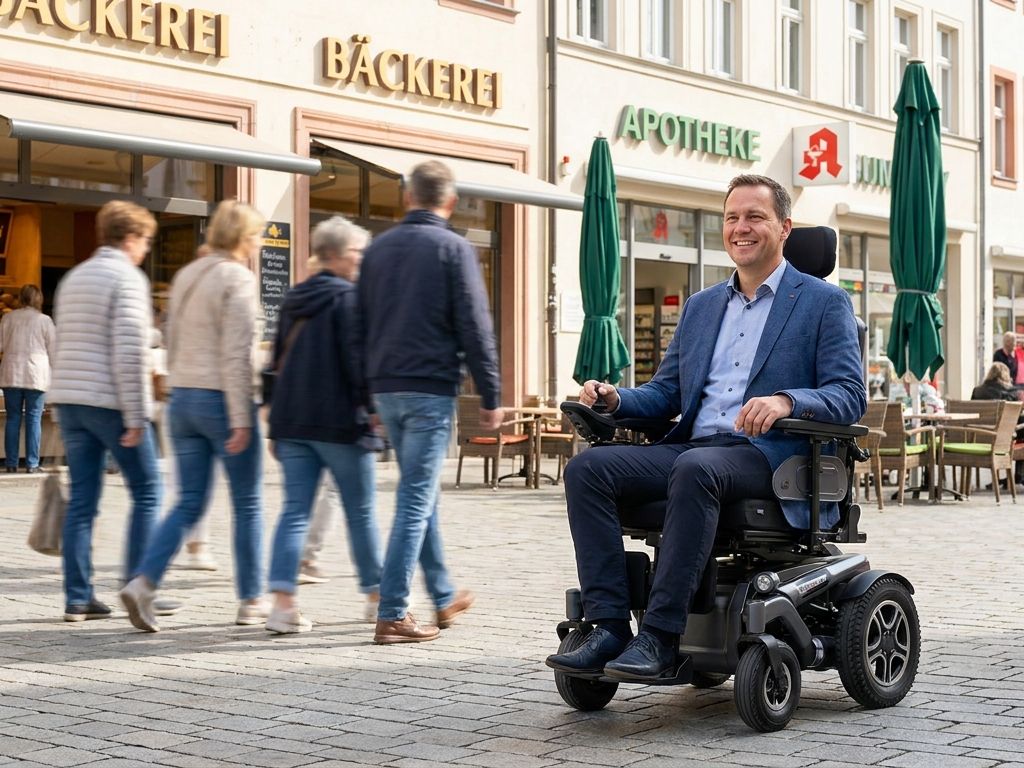 Person fährt mit einem Elektrorollstuhl durch die Fußgängerzone