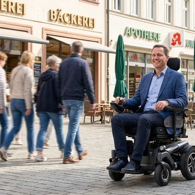 Person fährt mit einem Elektrorollstuhl durch die Fußgängerzone
