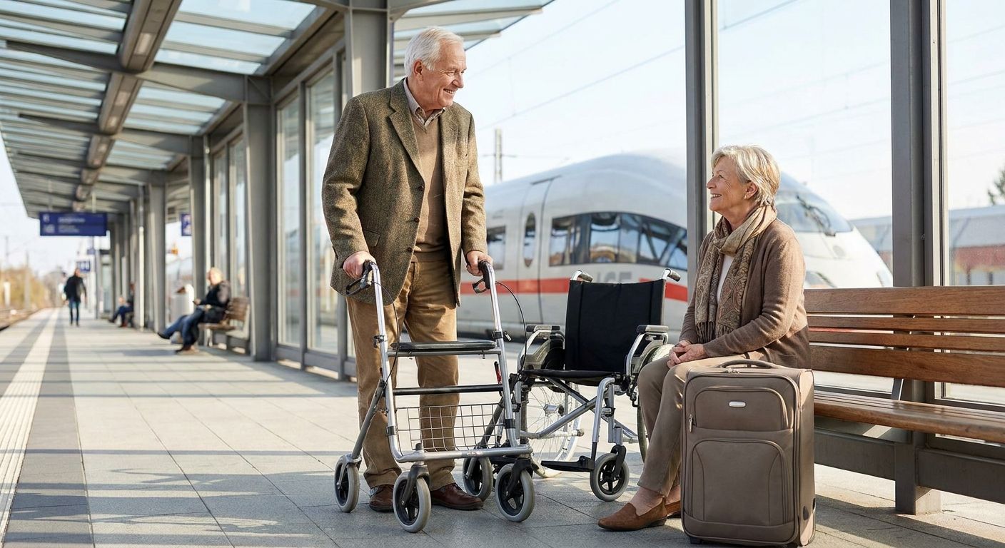 Seniorenpaar mit Rollator und Rollstuhl am Bahnsteig