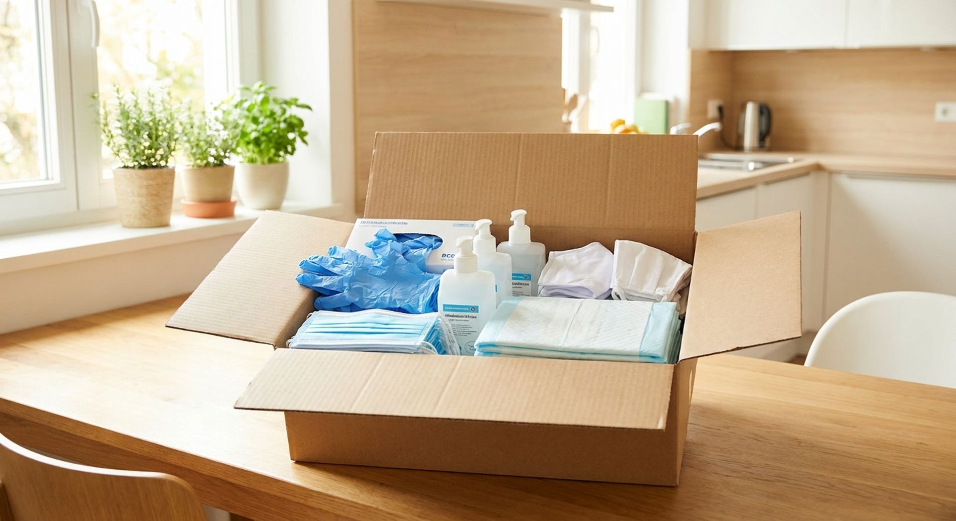 Pflegebox mit Handschuhen und Desinfektionsmitteln