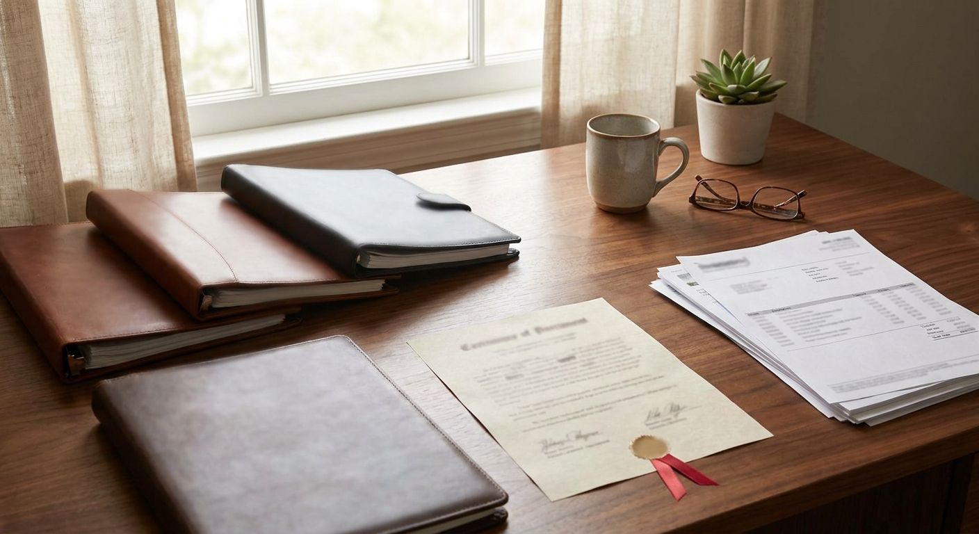A signed estate plan binder next to a deed and account statement on a desk