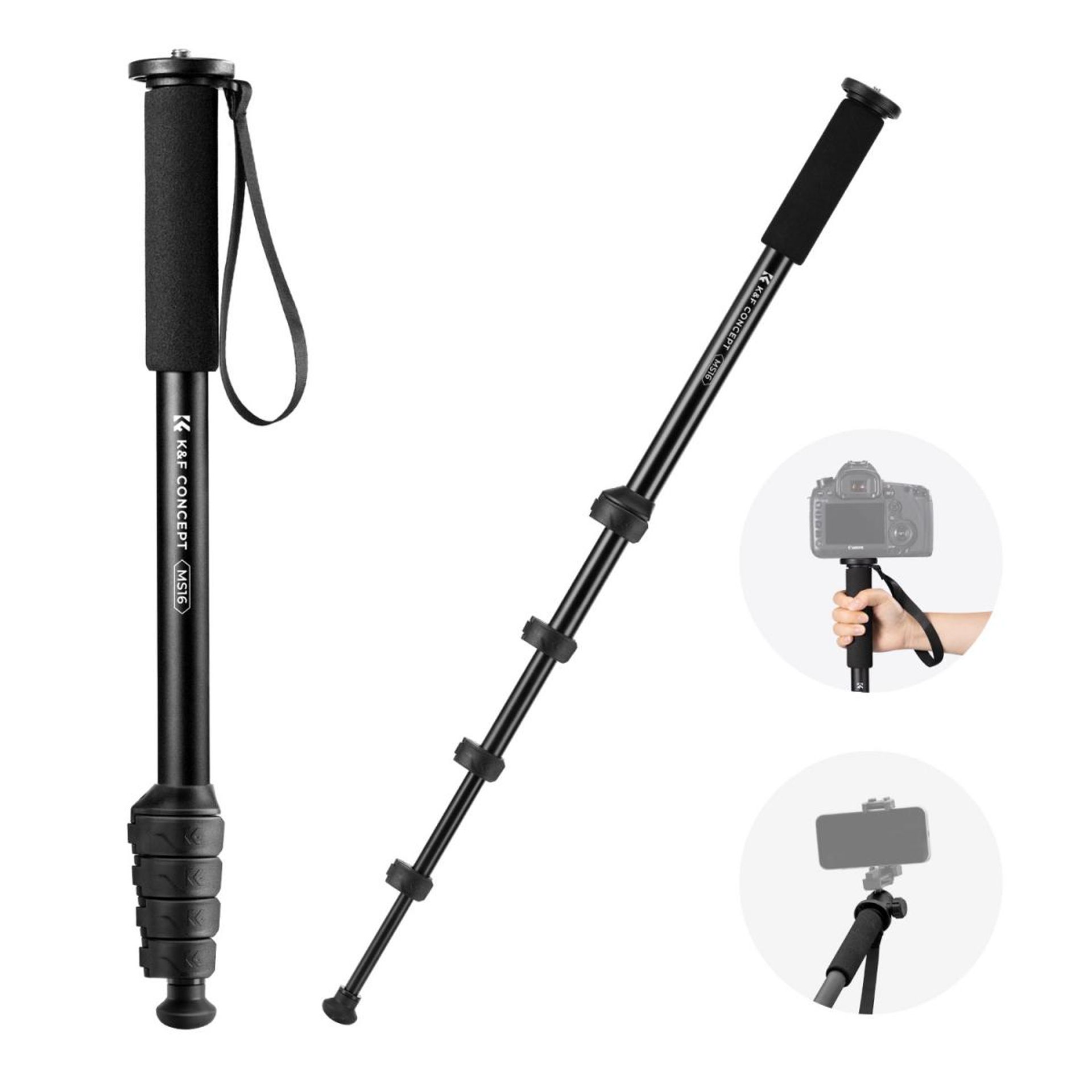 K&F Concept ms16 63'' Camera Monopod 5-Section Height Aluminum Monopod With Metal And Rubber Feet 2-in-1 Design,Lightweight & Portable Camera
