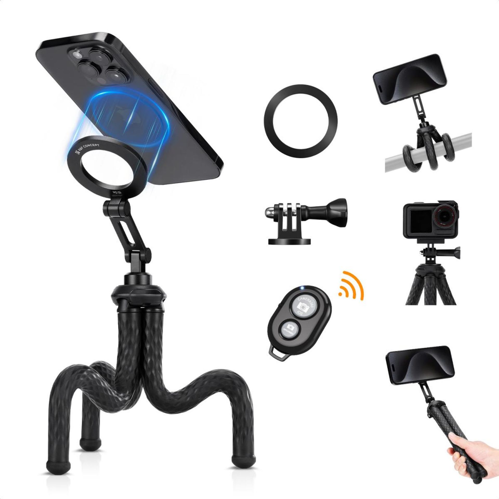 K&F MS36 Octopus Magnetic Phone Holder Tripod Comes with Magnetic Guide, Bluetooth Remote Control, Mobile Phone Lanyard, GoPro Adapter