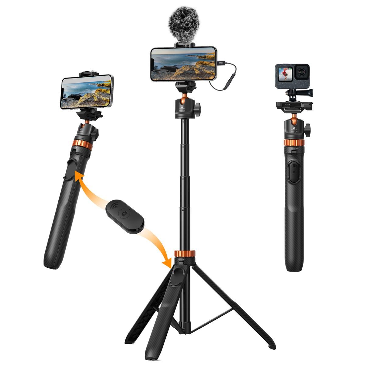 K&F MS04 62''/1.58m Tripod Phone Selfie Stick, Black And Orange With Bluetooth Remote Control + Gopro Adapter