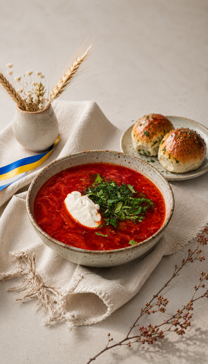 Ukrainian borscht with pampushky prepared for a RORUM gathering