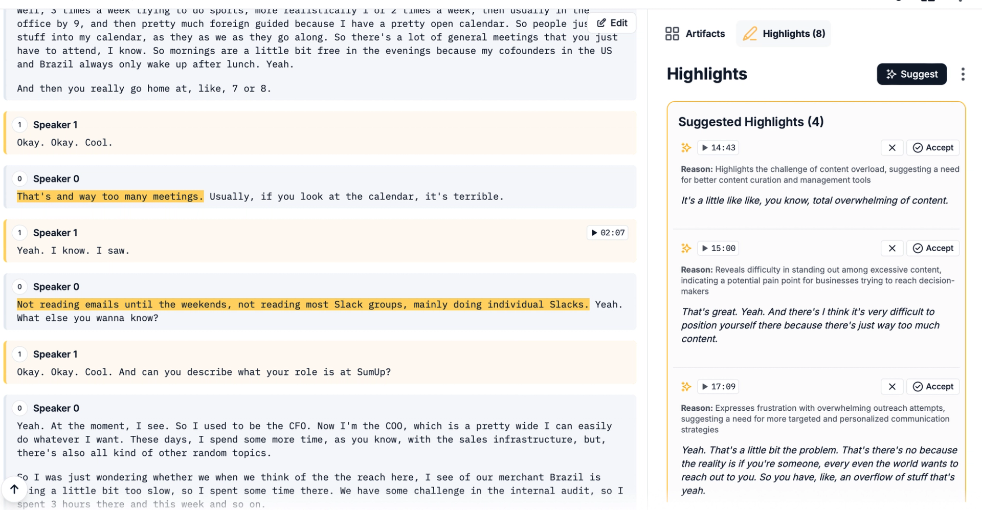 Showing highlighted sections of a transcript