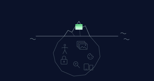 Line drawing of an iceberg: a small glowing interface sits at the tip above the waterline, while accessibility, image formats, login, cookies, SEO and responsive layouts hide in the large mass below