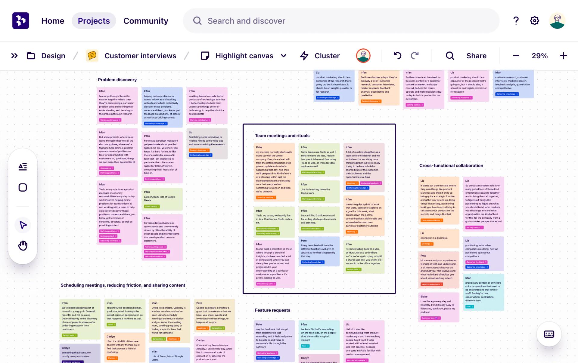 A screenshot showing a collaborative board with sticky notes categorized under various headings 