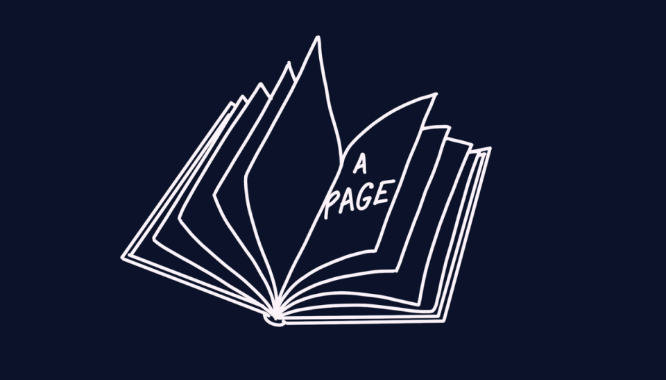 Illustration of a book folded open showing a page with the inscription “a page”