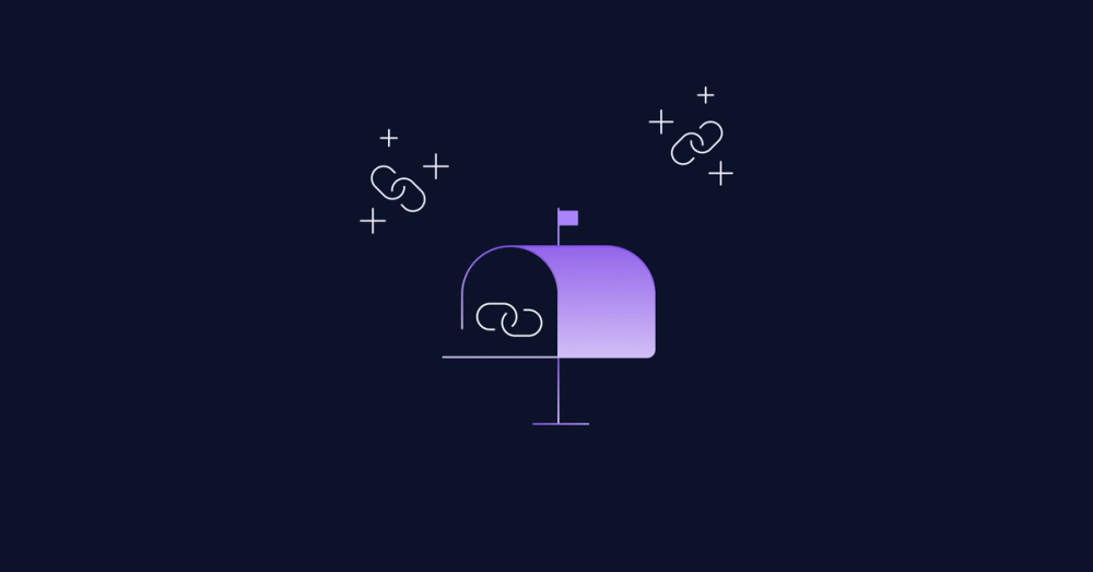 Illustration of a mail box with magic packed with magic links, visualized by a chain link icon and sparkles