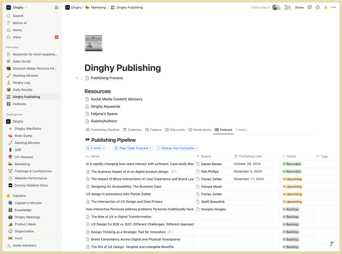 Screenshot of Dinghy's publishing pipeline database on Notion