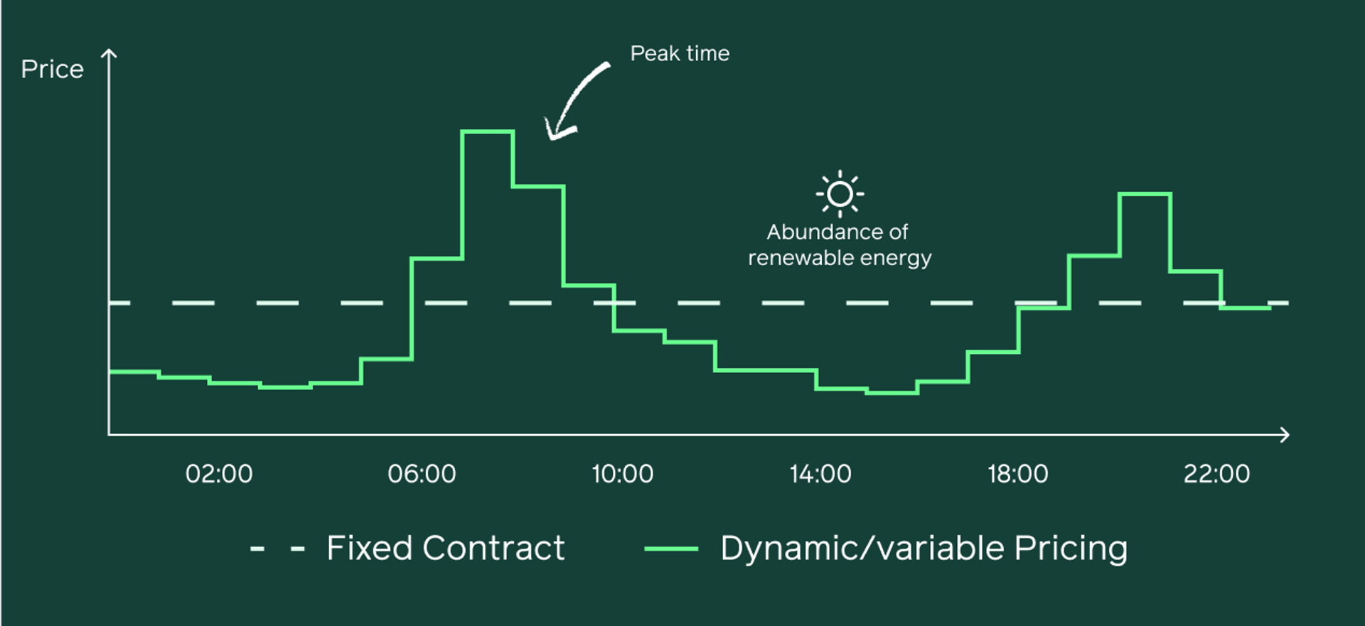 Graph showing fixed electricity contract pricing (flat line) versus dynamic pricing (fluctuating line) throughout a 24-hour day, demonstrating how dynamic tariffs vary with supply and demand