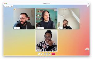 Dinghy crew members doing faces and laughing on a Slack huddle