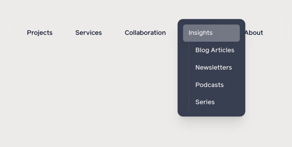 Screenshot of sub menu on main navigation