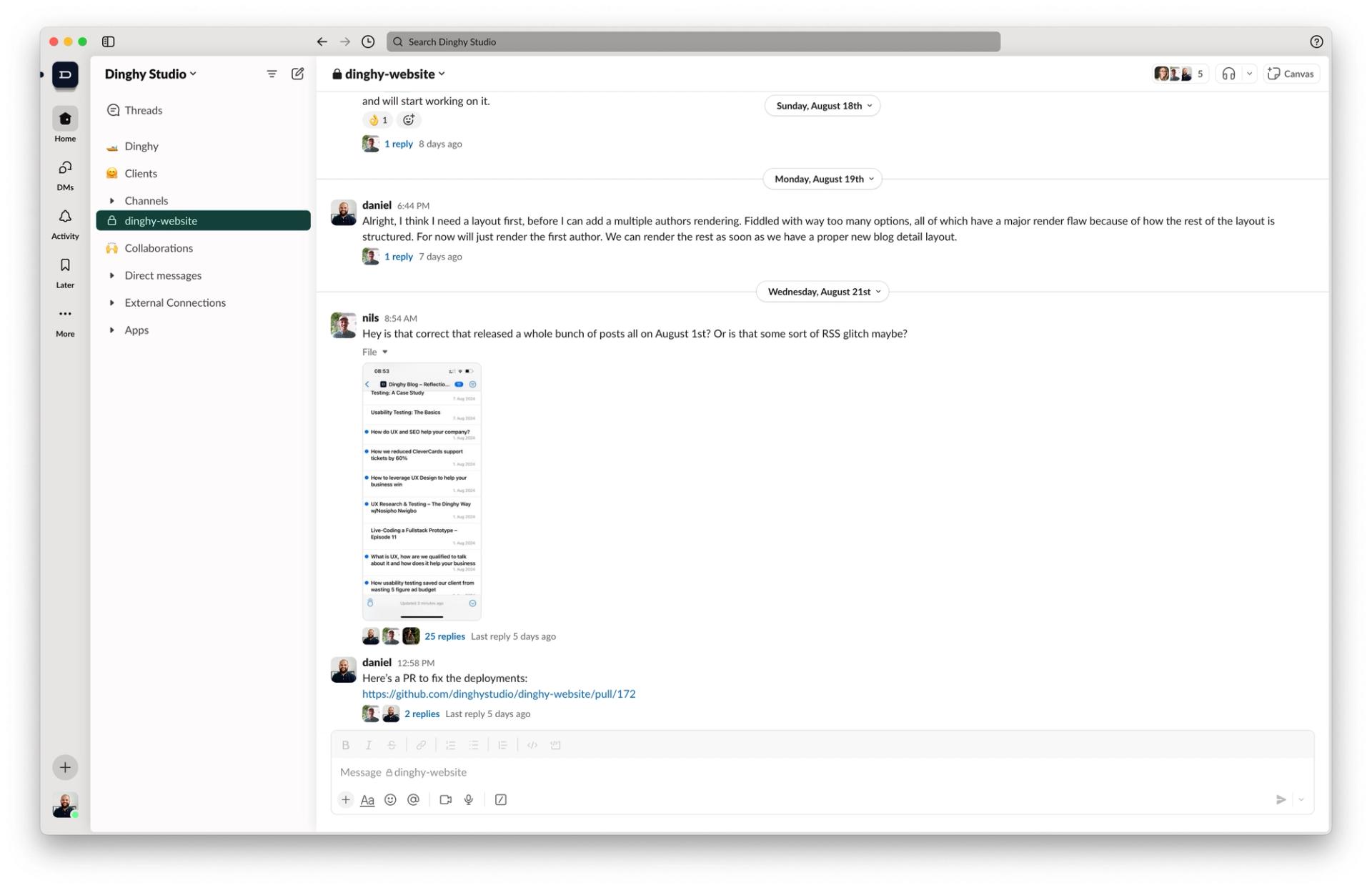 Screenshot of a Dinghy Slack Channel